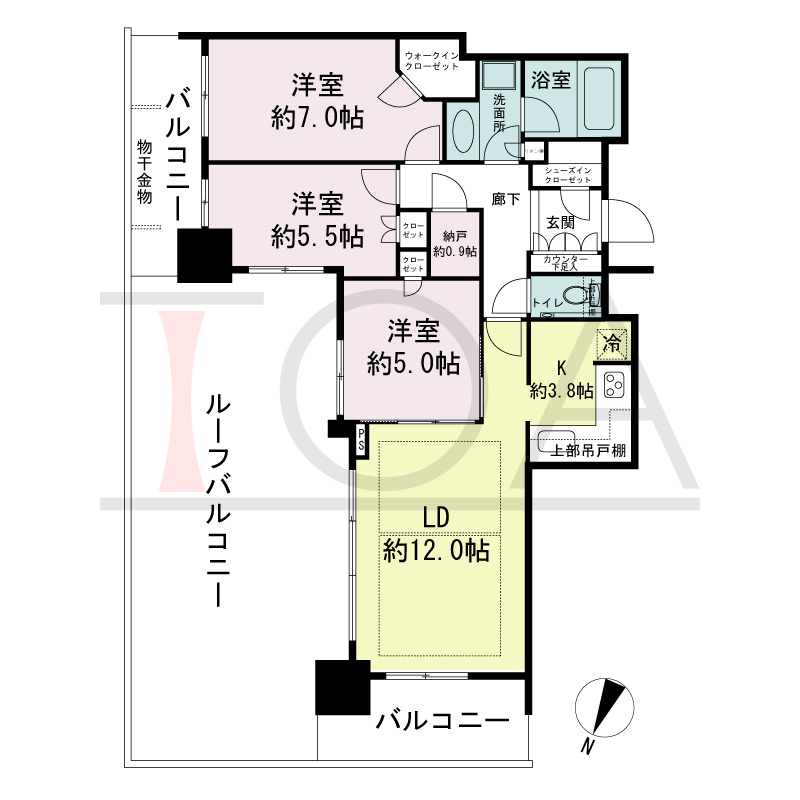 シティタワー神戸三宮の間取り図 北東角住戸
3LDK+N+WIC+SIC
専有面積75.45m2
バルコニー面積14.50m2
ルーフバルコニー面積42.79m2