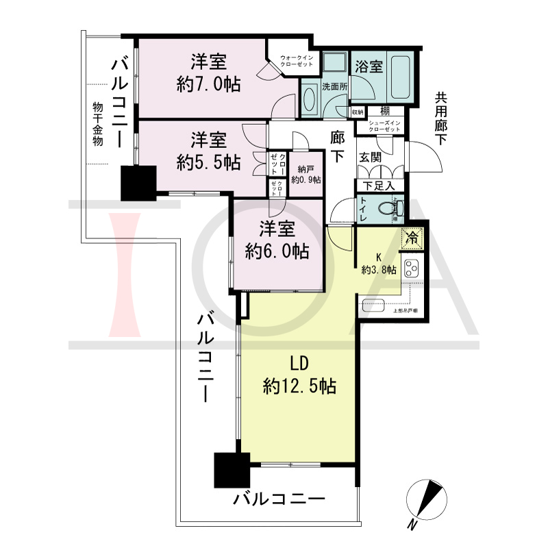シティタワー神戸三宮の間取り図 北東角住戸
3LDK+N+WIC+SIC
専有面積75.45m2
バルコニー面積33.49m2
