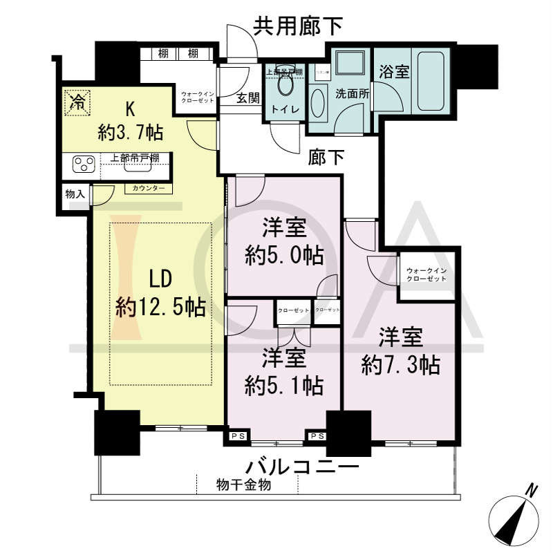 シティタワー神戸三宮の間取り図 南向き住戸
3LDK+WIC+SIC
専有面積76.32m2
バルコニー面積12.70m2