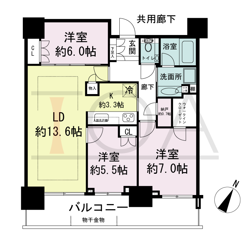 シティタワー神戸三宮の間取り図 南向き住戸
3LDK+N+WIC
専有面積76.99m2
バルコニー面積15.00m2