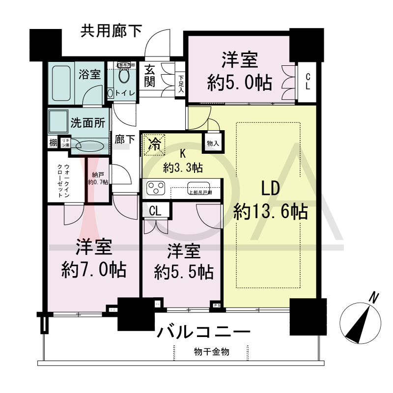 シティタワー神戸三宮の間取り図 南向き住戸
3LDK+N+WIC
専有面積76.99m2
バルコニー面積15.00m2
