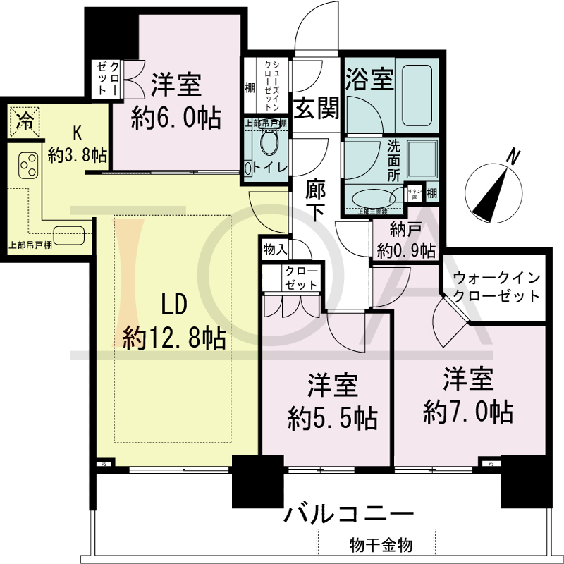 シティタワー神戸三宮の間取り図 南向き住戸
3LDK+N+WIC+SIC
専有面積77.28m2
バルコニー面積16.21m2