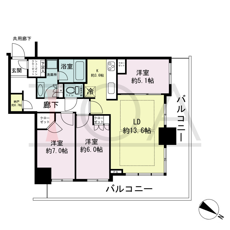 シティタワー神戸三宮の間取り図 北東角住戸
3LDK+N+WIC+SIC
専有面積80.06m2
バルコニー面積28.24m2