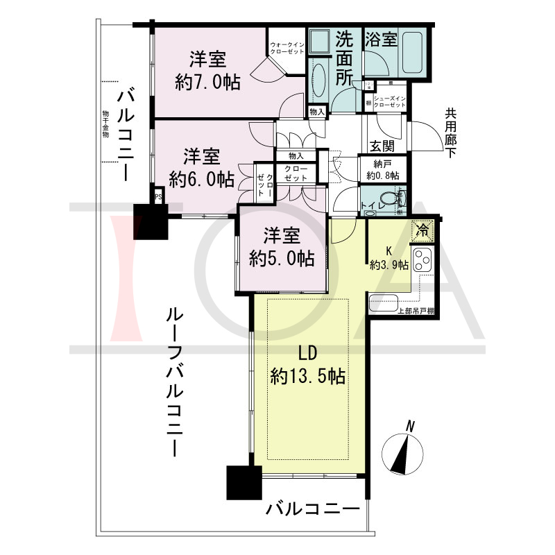 シティタワー神戸三宮の間取り図 南西角住戸
3LDK+N+WIC+SIC
専有面積80.20m2
バルコニー面積17.32m2
ルーフバルコニー面積40.18m2
