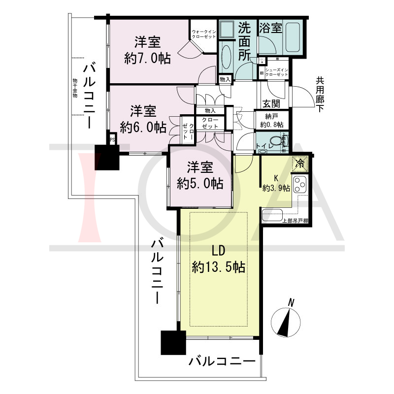 シティタワー神戸三宮の間取り図 南西角住戸
3LDK+N+WIC+SIC
専有面積80.20m2
バルコニー面積35.94m2