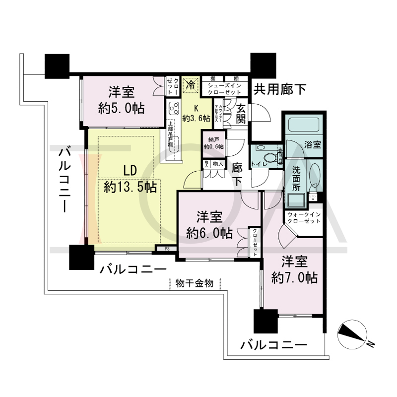 シティタワー神戸三宮の間取り図 南東角住戸
3LDK+N+WIC+SIC
専有面積80.37m2
バルコニー面積37.864m2