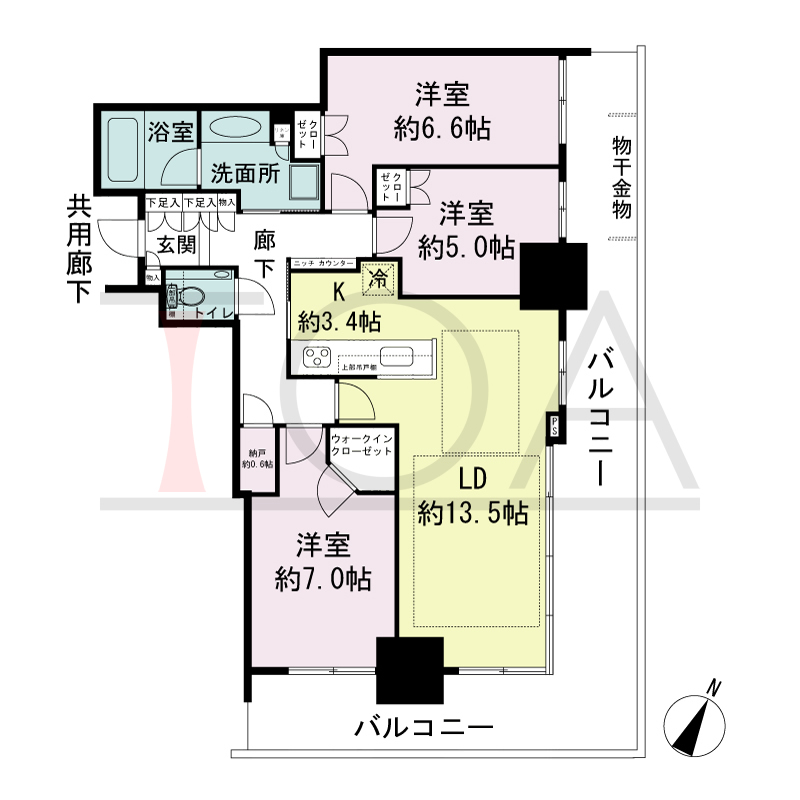 シティタワー神戸三宮の間取り図 南東角住戸
3LDK+N+WIC
専有面積80.55m2
バルコニー面積32.06m2