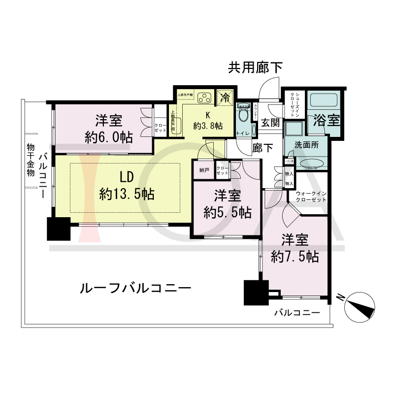 シティタワー神戸三宮の間取り図 北西角住戸
3LDK+N+WIC+SIC
専有面積80.78m2
バルコニー面積12.90m2
ルーフバルコニー面積43.61m2