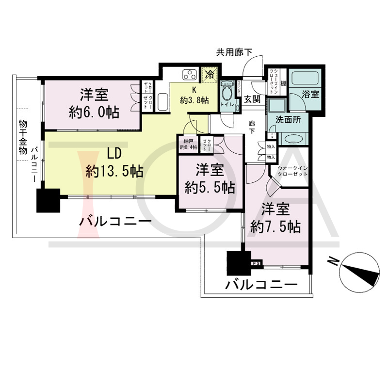 シティタワー神戸三宮の間取り図 北西角住戸
3LDK+N+WIC+SIC
専有面積80.78m2
バルコニー面積32.72m2
