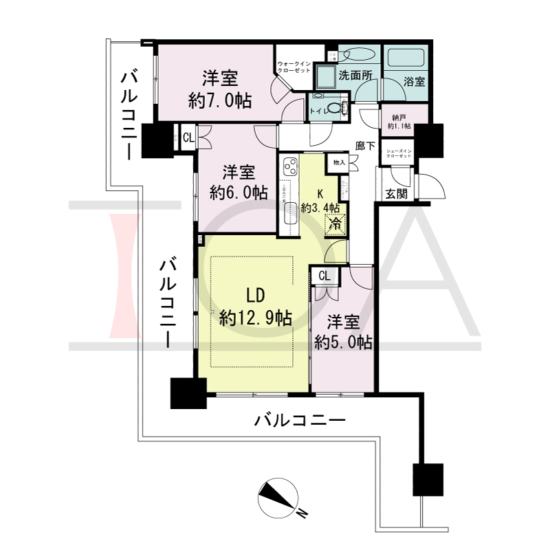 シティタワー神戸三宮の間取り図 南東角住戸
3LDK+N+WIC+SIC
専有面積80.88m2
バルコニー面積37.94m2