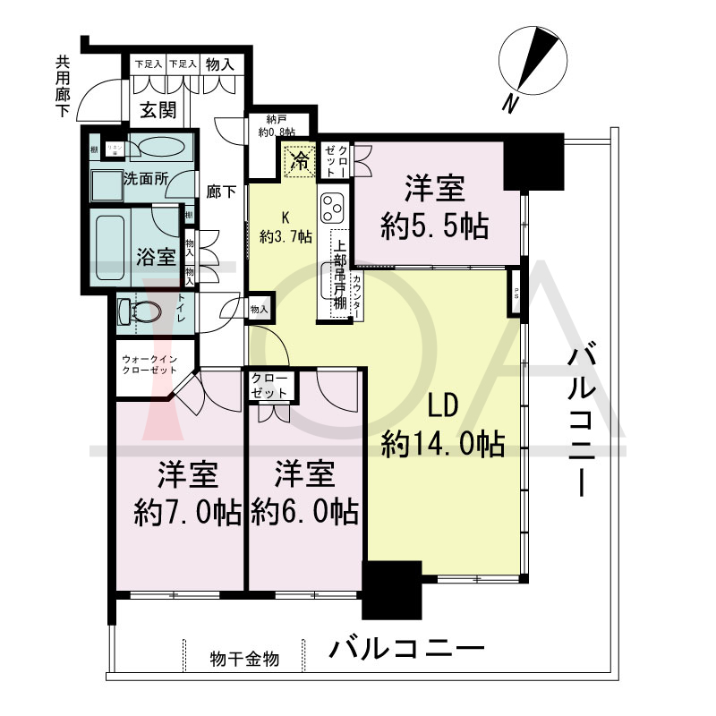 シティタワー神戸三宮の間取り図 北西角住戸
3LDK+N+WIC
専有面積80.92m2
バルコニー面積30.88m2