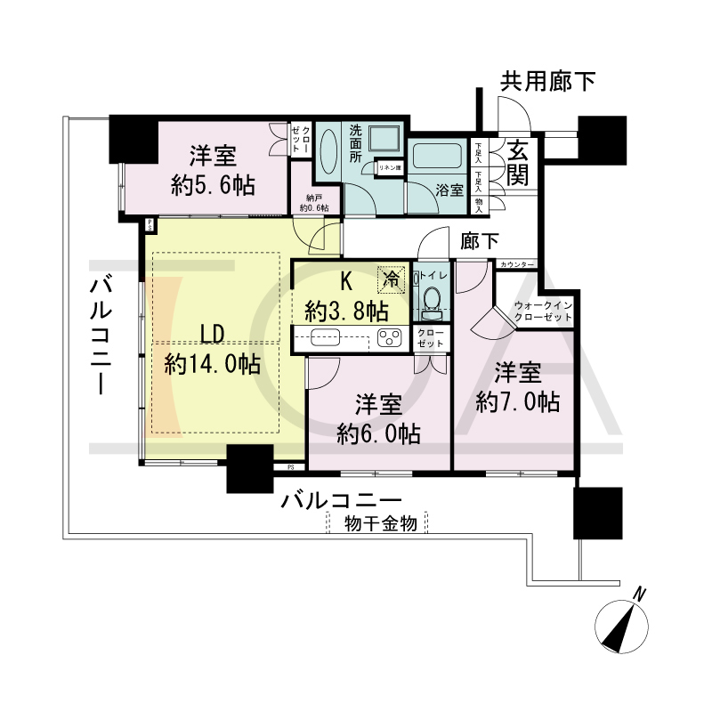 シティタワー神戸三宮の間取り図 南西角住戸
3LDK+N+WIC
専有面積81.68m2
バルコニー面積33.35m2