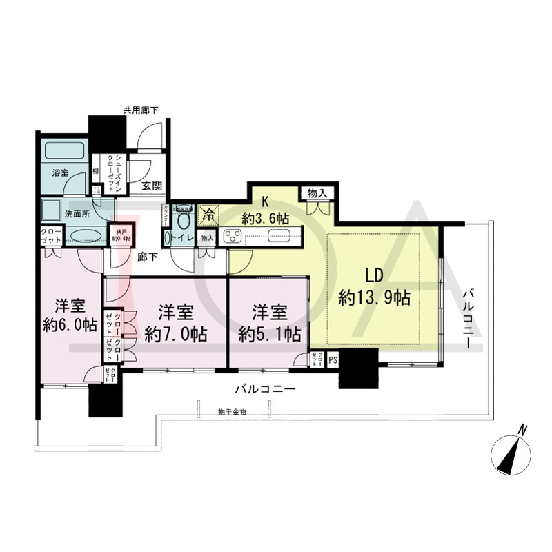 シティタワー神戸三宮の間取り図 南東角住戸
3LDK+N+WIC
専有面積81.72m2
バルコニー面積34.74m2