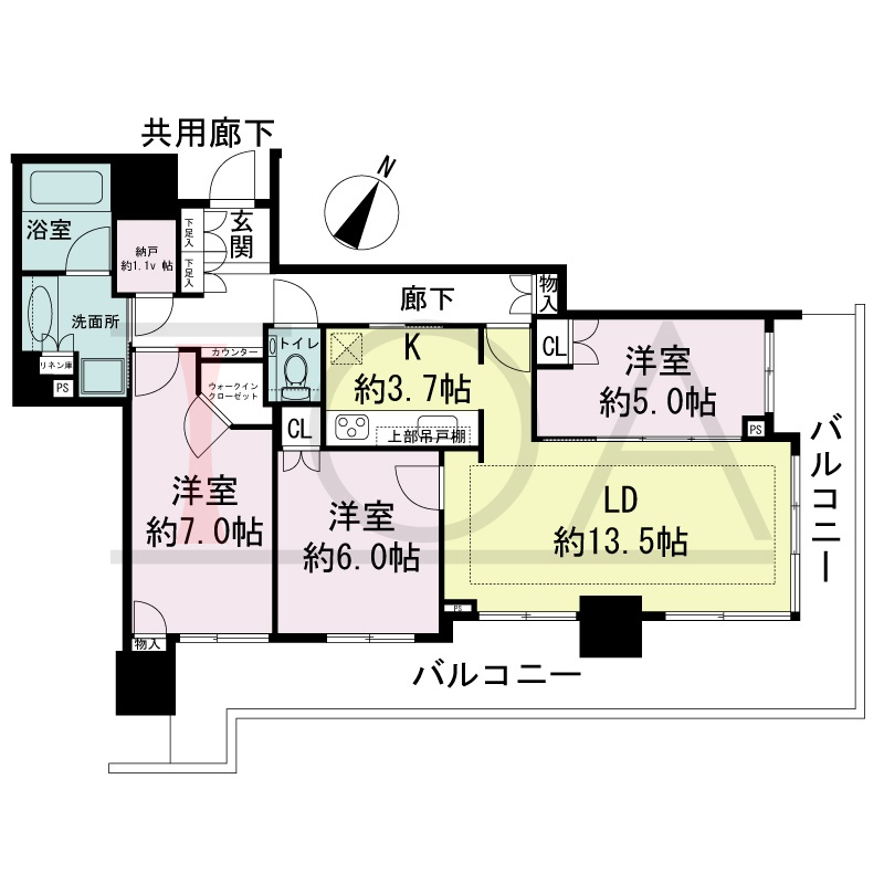 シティタワー神戸三宮の間取り図 南東角住戸
3LDK+N+WIC
専有面積82.16m2
バルコニー面積27.54m2