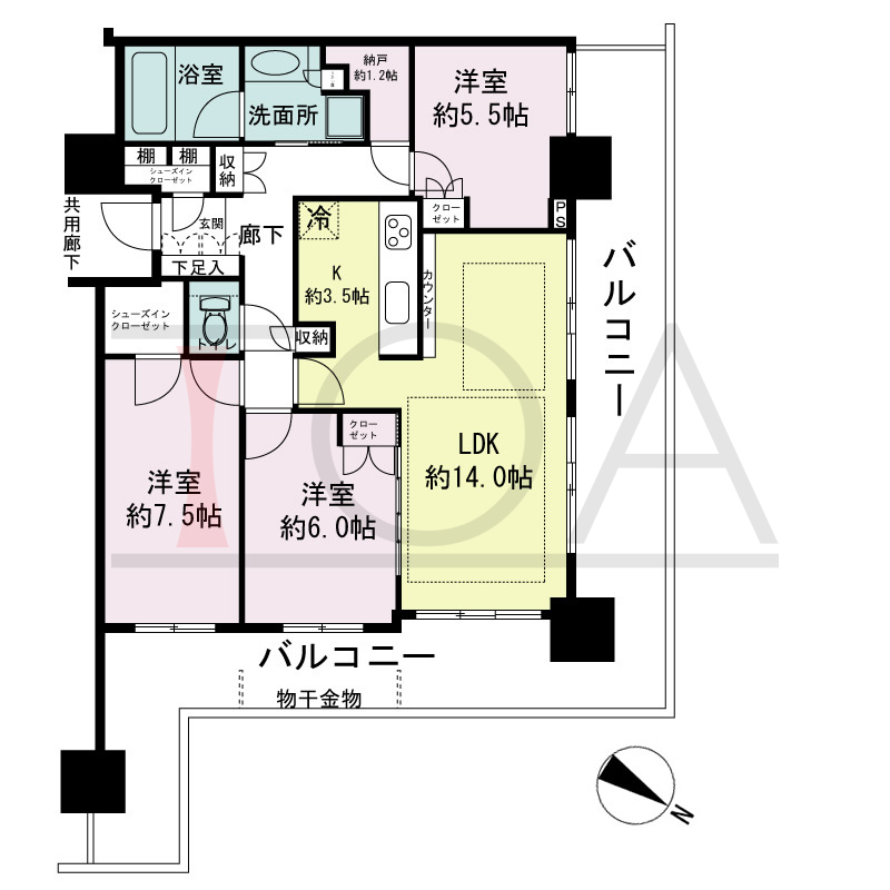 シティタワー神戸三宮の間取り図 北東角住戸
3LDK+N+WIC+SIC
専有面積85.10m2
バルコニー面積37.60m2