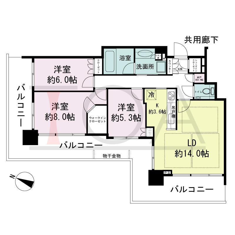 シティタワー神戸三宮の間取り図 北西角住戸
3LDK+N+WIC+SIC
専有面積85.22m2
バルコニー面積38.82m2