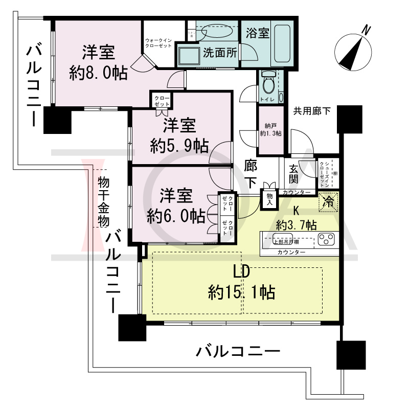 シティタワー神戸三宮の間取り図 南西角住戸
3LDK+N+WIC+SIC
専有面積90.05m2
バルコニー面積40.64m2