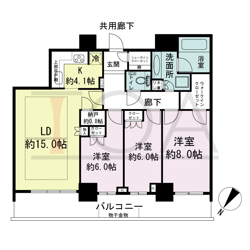 シティタワー神戸三宮の間取り図 北向き住戸
3LDK+N+WIC+SIC
専有面積90.14m2
バルコニー面積17.57m2