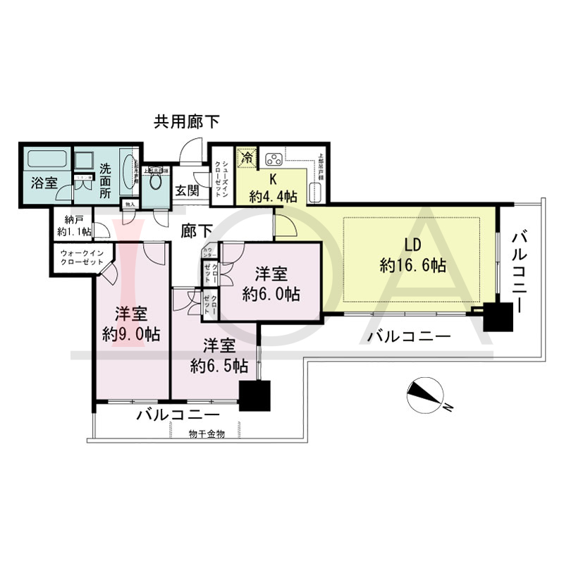 シティタワー神戸三宮の間取り図 北東角住戸
3LDK+N+WIC+SIC
専有面積100.01m2
バルコニー面積34.52m2