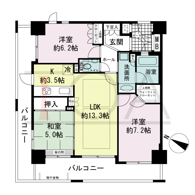 ハーティネス・トアロード中山手の間取り図 全9邸　北西角住戸
3LDK　専有面積70.01m2
バルコニー面積22.90m2
専用ポーチ面積3.00m2