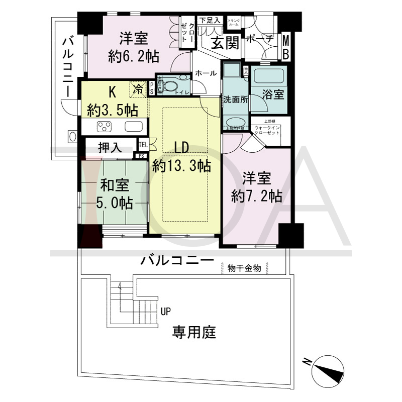 ハーティネス・トアロード中山手の間取り図 1邸のみ　北西角住戸
3LDK　専有面積70.01m2
バルコニー面積18.6m2
専用ポーチ面積3.00m2
専用庭面積44.13m2