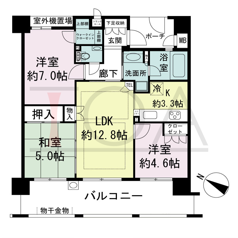 ハーティネス・トアロード中山手の間取り図 全9邸　西向き住戸
3LDK　専有面積65.56m2
バルコニー面積16.51m2
専用ポーチ面積4.00m2