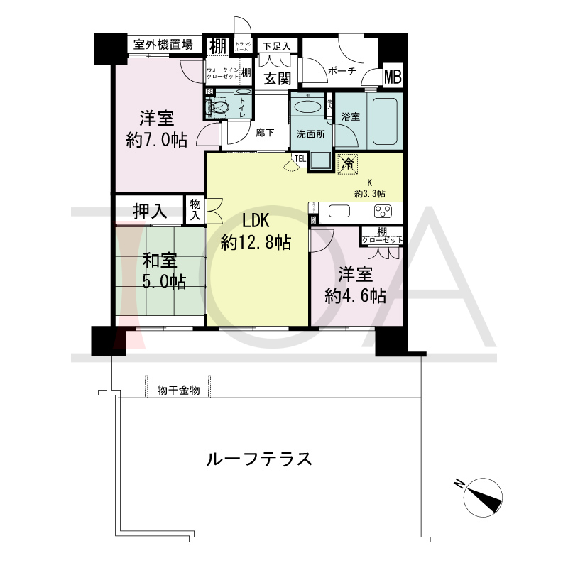 ハーティネス・トアロード中山手の間取り図 1邸のみ　西向き住戸
3LDK　専有面積65.56m2
バルコニー面積16.51m2
専用ポーチ面積4.00m2
ルーフテラス面積35.72m2
