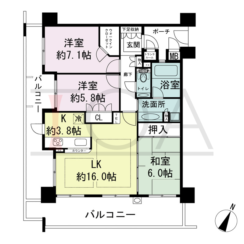ハーティネス・トアロード中山手の間取り図 全9邸　南西角住戸
3LDK　専有面積80.22m2
バルコニー面積34.08m2
専用ポーチ面積4.60m2