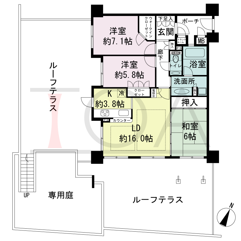 ハーティネス・トアロード中山手の間取り図 1邸のみ　南西角住戸
3LDK　専有面積80.22m2
バルコニー面積34.08m2
専用ポーチ面積4.60m2
ルーフテラス・専用庭面積68.55m2・37.02m2