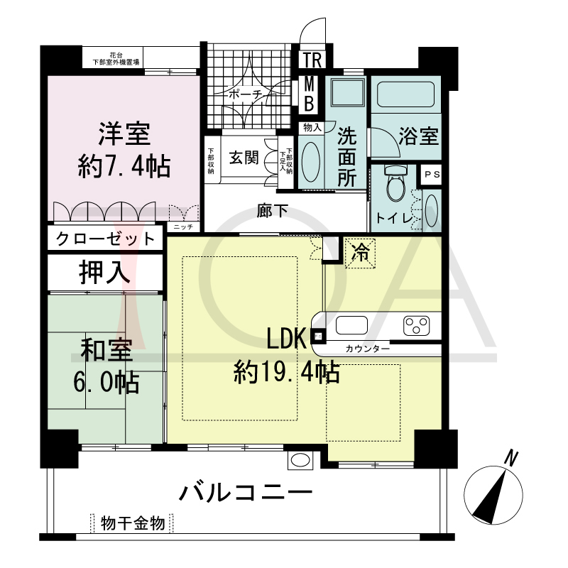 ハーティネス・トアロード中山手の間取り図 全9邸　南向き住戸
2LDK　専有面積75.02m2
バルコニー面積15.38m2
専用ポーチ面積3.60m2