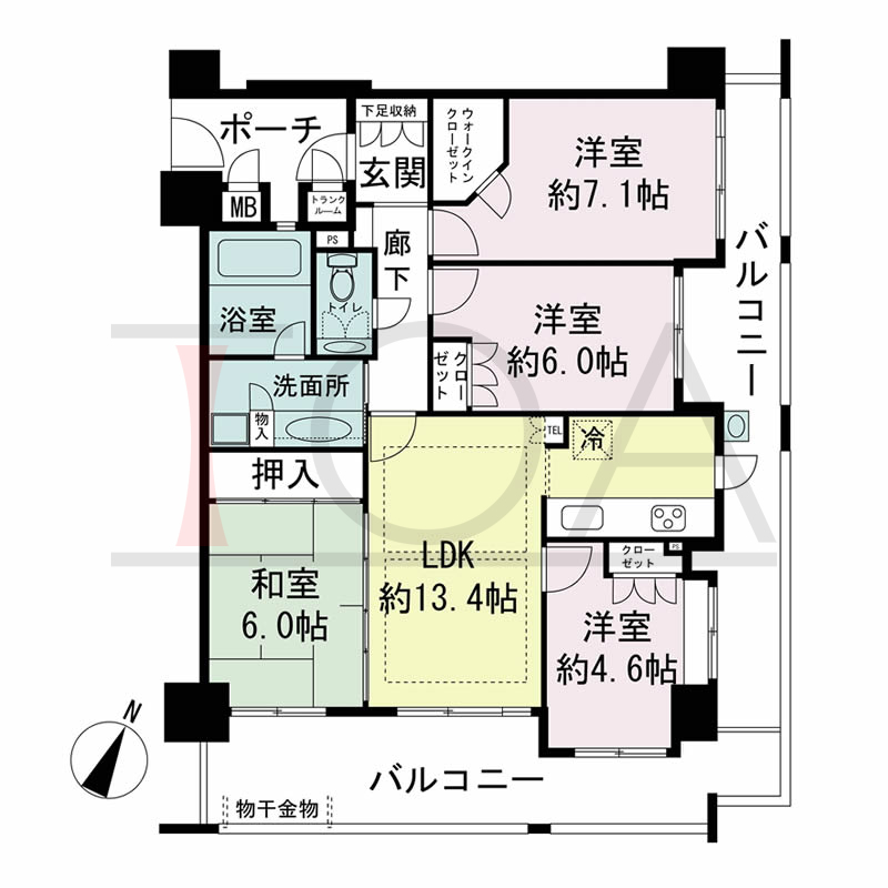 ハーティネス・トアロード中山手の間取り図 全10邸　南東角住戸
4LDK　専有面積83.68m2
専用ポーチ面積5.16m2