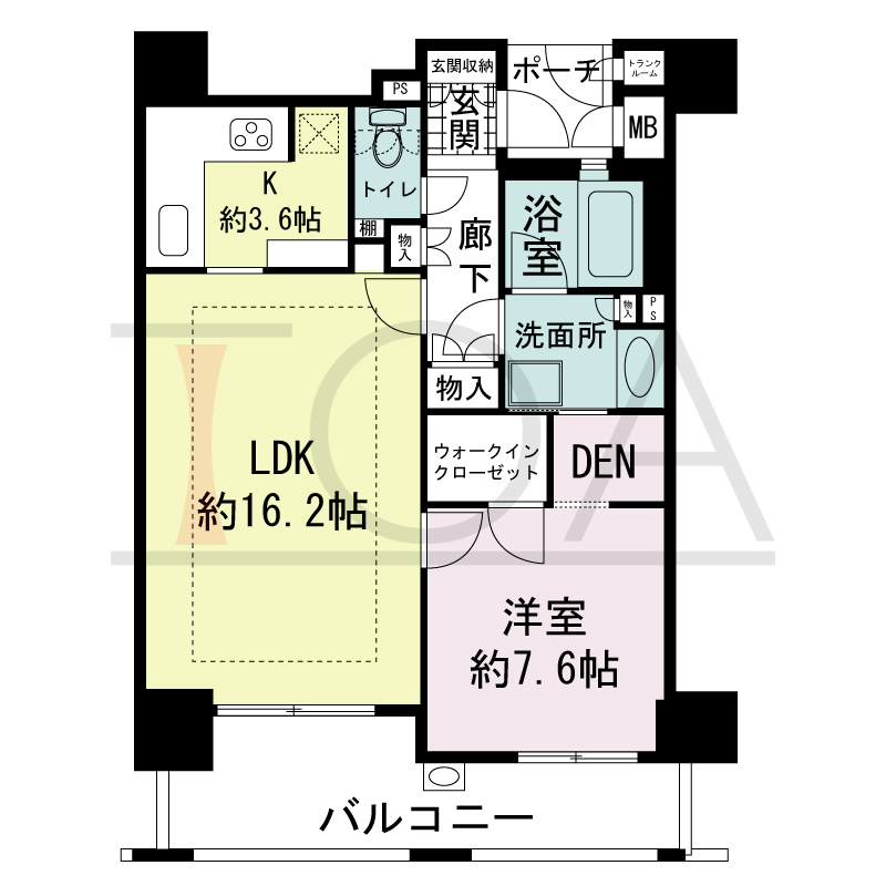 ハーティネス・トアロード中山手の間取り図 全10邸　東向き住戸
1LDK　専有面積55.03m2
バルコニー面積10.11m2
専用ポーチ面積2.25m2
