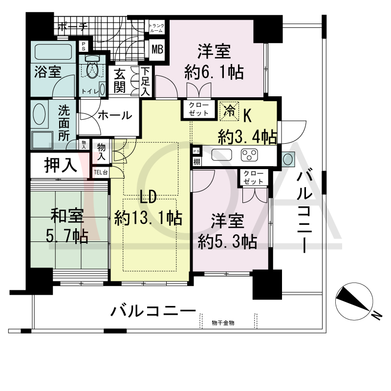 ハーティネス・トアロード中山手の間取り図 全10邸　北東角住戸
3LDK　専有面積66.52m2
バルコニー面積29.45m2(2階29.17m2)
専用ポーチ面積3.63m2