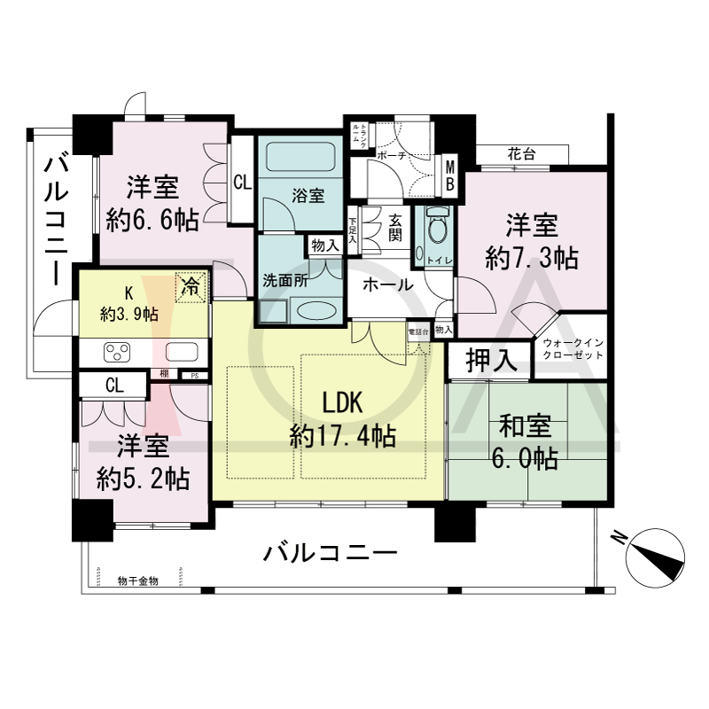 ハーティネス・トアロード中山手の間取り図 全3邸　北西角住戸
4LDK　専有面積90.27m2
バルコニー面積26.45m2
専用ポーチ面積3.20m2