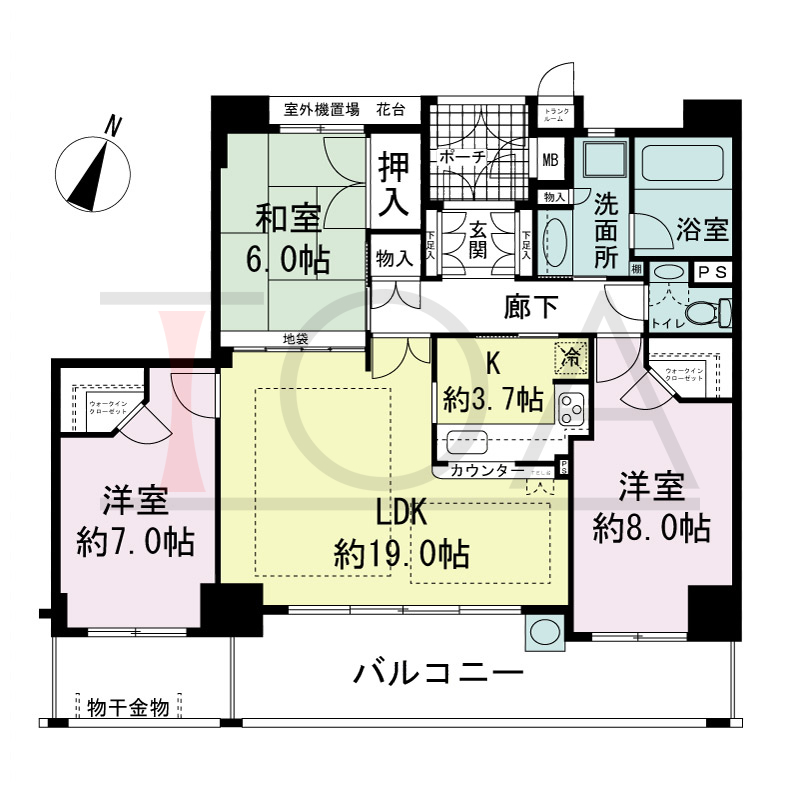 ハーティネス・トアロード中山手の間取り図 全3邸　南向き住戸
3LDK　専有面積90.11m2
バルコニー面積20.58m2
専用ポーチ面積3.42m2