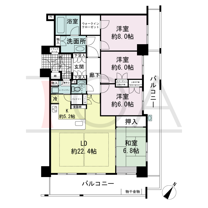 ハーティネス・トアロード中山手の間取り図 全3邸　南東角住戸
4LDK　専有面積110.74m2
バルコニー面積37.66m2
専用ポーチ面積4.76m2