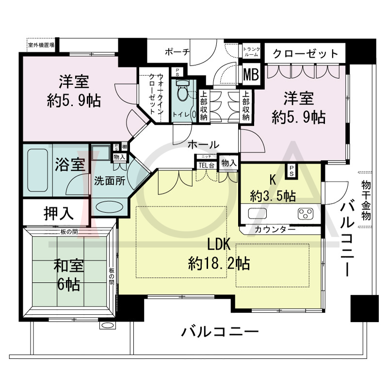 ハーティネス・トアロード中山手の間取り図 全3邸　北東角住戸
3LDK　専有面積85.01m2
バルコニー面積28.75m2
専用ポーチ面積3.63m2