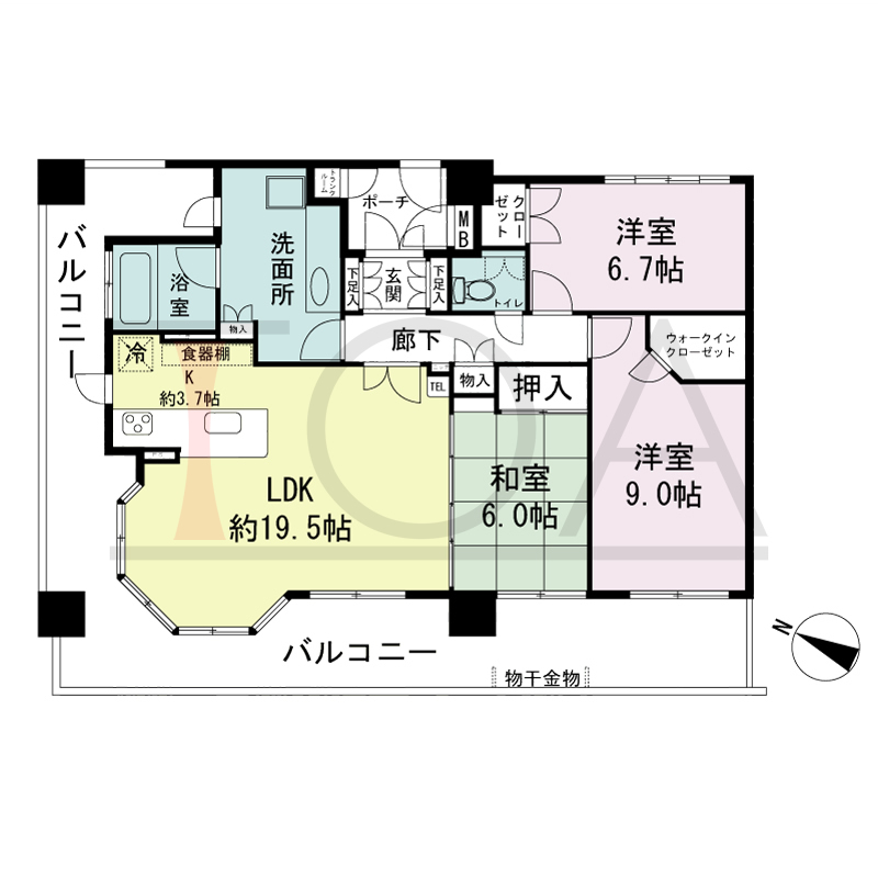 ハーティネス・トアロード中山手の間取り図 1邸のみ　北西角住戸
3LDK　専有面積96.03m2
バルコニー面積38.71m2
専用ポーチ面積3.78m2