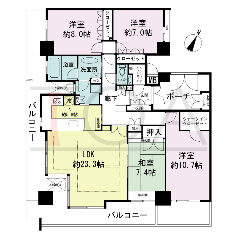 ハーティネス・トアロード中山手の間取り図 1邸のみ　南東角住戸
4LDK　専有面積130.11m2
バルコニー面積49.09m2
専用ポーチ面積9.39m2