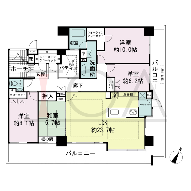 ハーティネス・トアロード中山手の間取り図 1邸のみ　南西角住戸
4LDK　専有面積130.25m2
バルコニー面積42.99m2
専用ポーチ面積6.16m2
パティオ面積5.19m2