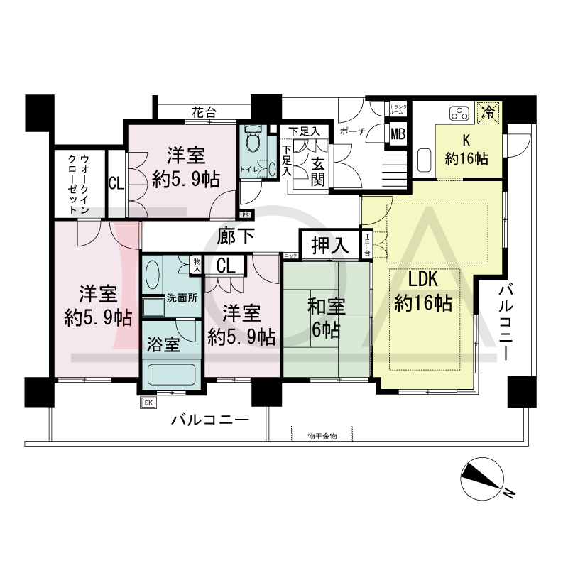 ハーティネス・トアロード中山手の間取り図 1邸のみ　北東角住戸
4LDK　専有面積100.14m2
バルコニー面積35.59m2
専用ポーチ面積6.66m2