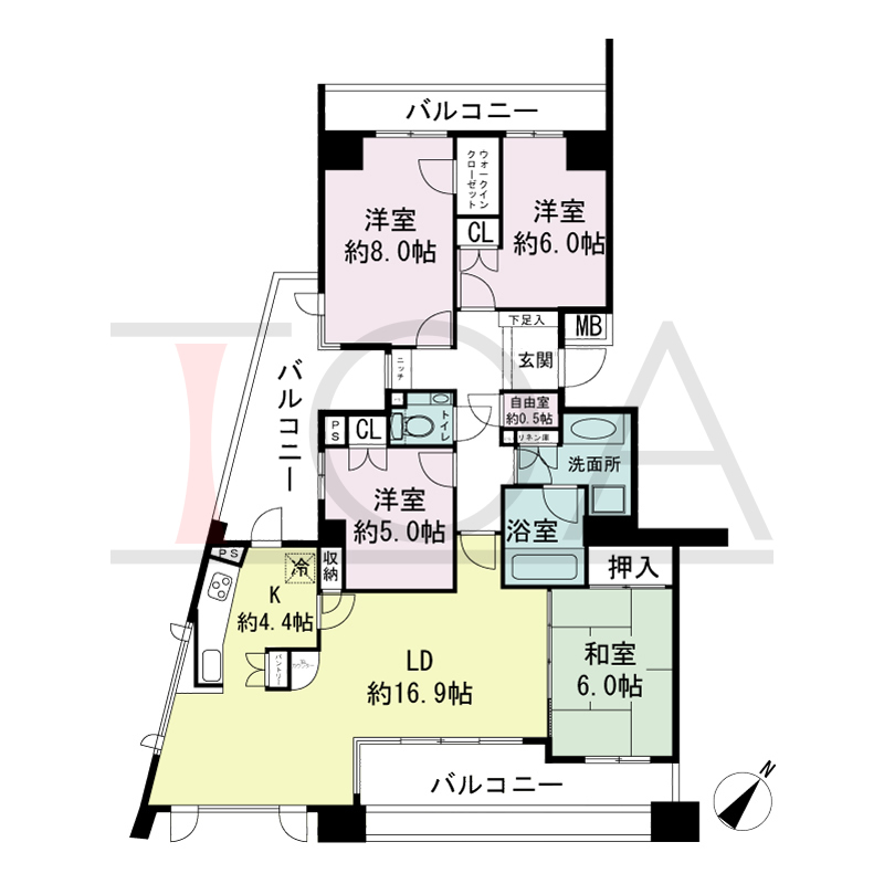 パークスクエア神戸山本通の間取り図 全11戸 南西角住戸
4LDK+F 専有面積102.45m2
バルコニー面積30.56m2
アルコーブ面積1.44m2