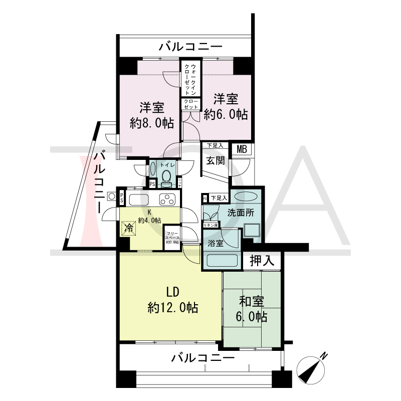 パークスクエア神戸山本通の間取り図 1戸 南西角住戸
3LDK+F 専有面積83.77m2
バルコニー面積32.00m2
アルコーブ面積1.44m2