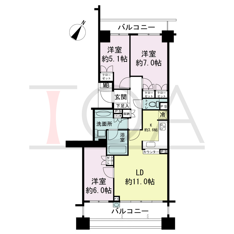 パークスクエア神戸山本通の間取り図 全12戸 南東向き住戸
3LDK 専有面積72.06m2
バルコニー面積19.44m2
アルコーブ面積1.44m2