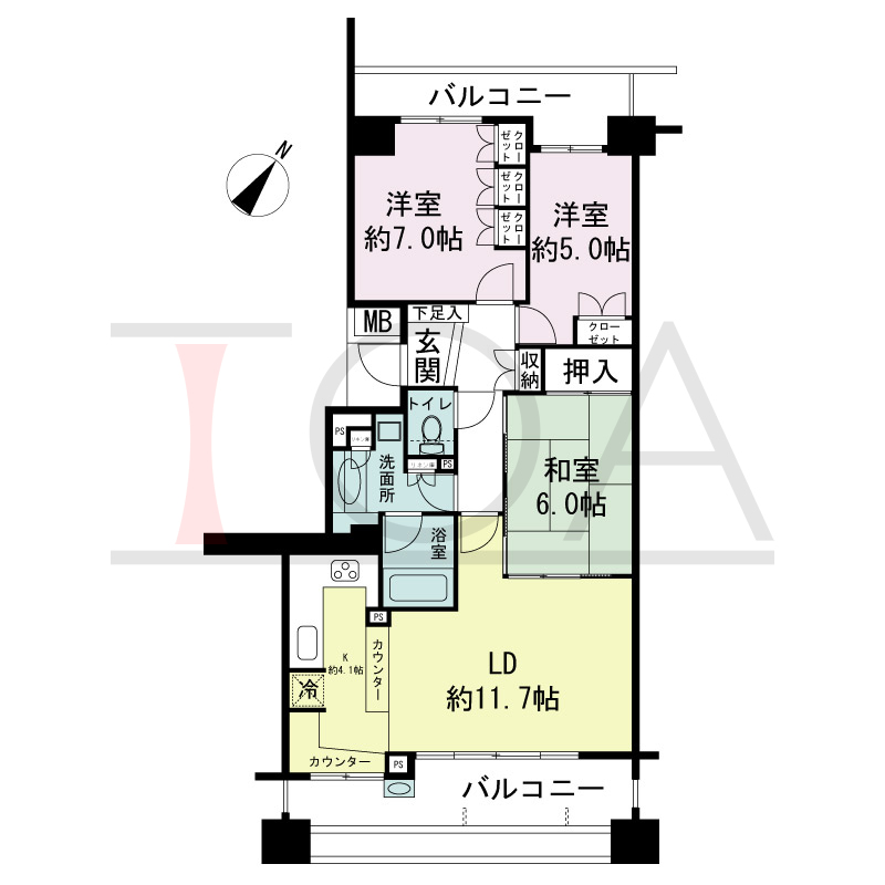 パークスクエア神戸山本通の間取り図 全11戸 南東向き住戸
3LDK 専有面積77.94m2
バルコニー面積19.95m2
アルコーブ面積1.44m2