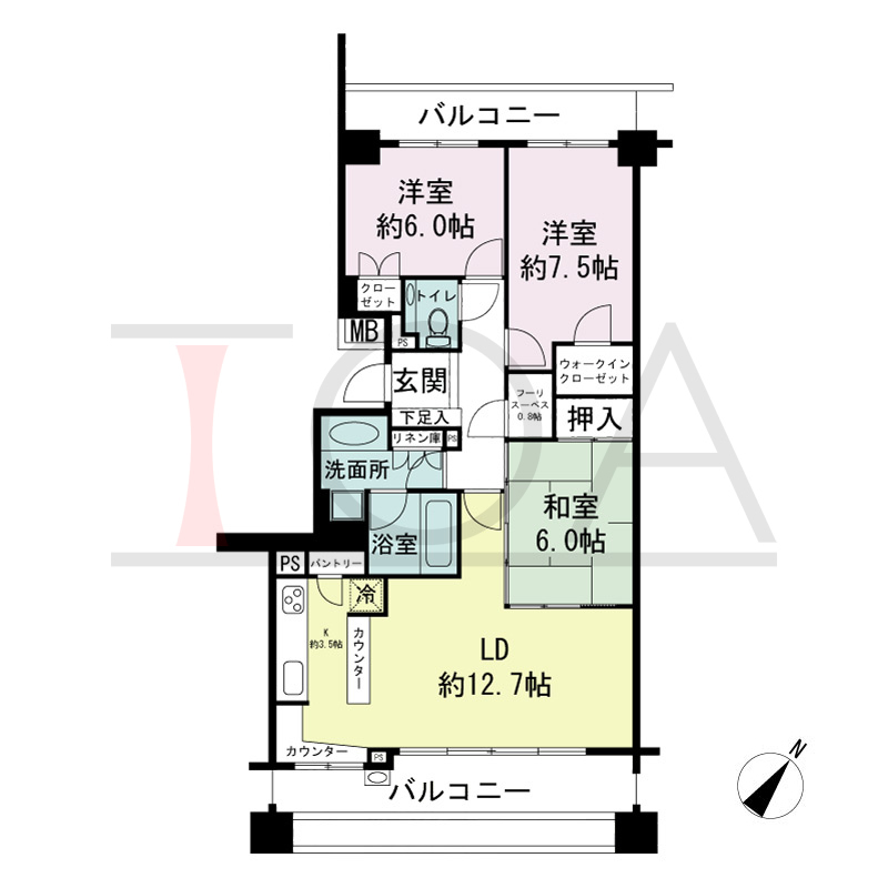 パークスクエア神戸山本通の間取り図 全22戸(反転タイプ含む)
南東向き住戸
3LDK+F 専有面積85.60m2
バルコニー面積21.89m2
アルコーブ面積1.44m2