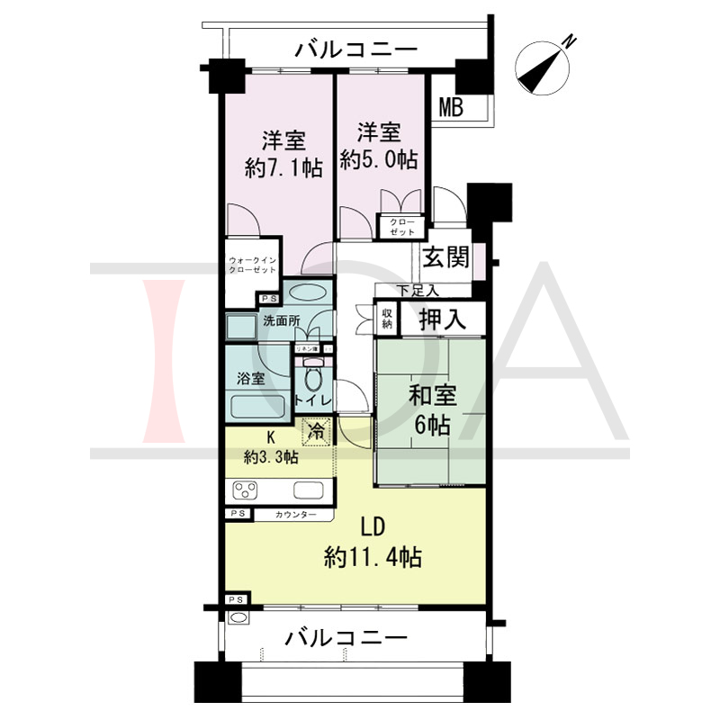 パークスクエア神戸山本通の間取り図 全9戸 南東向き住戸
3LDK 専有面積75.09m2
バルコニー面積20.16m2
アルコーブ面積3.75m2