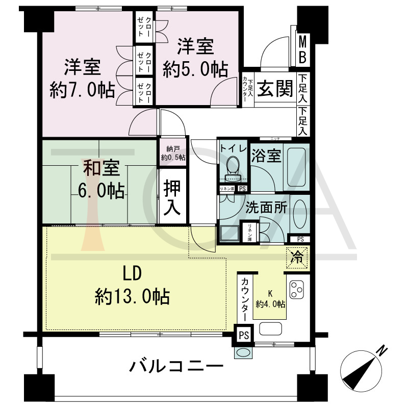 パークスクエア神戸山本通の間取り図 全7戸(反転タイプ含む)
南東向き住戸
3LDK+F 2LDK+S+F
専有面積80.76m2
バルコニー面積16.15m2
アルコーブ面積3.13m2
