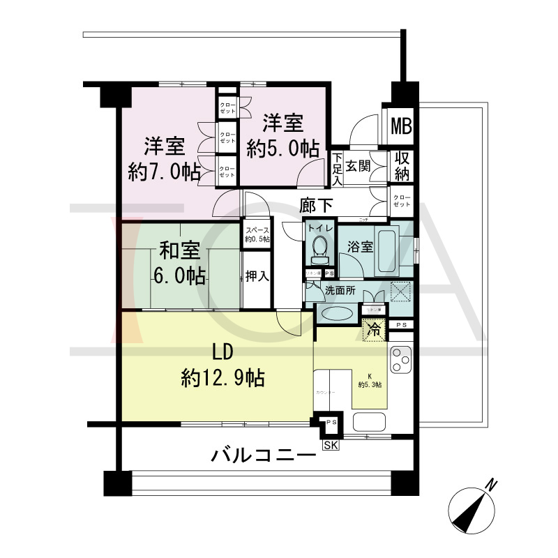 パークスクエア神戸山本通の間取り図 1戸 南東角住戸
3LDK+F 専有面積83.84m2
バルコニー面積16.76m2
アルコーブ面積3.13m2
室外機置場面積1.27m2