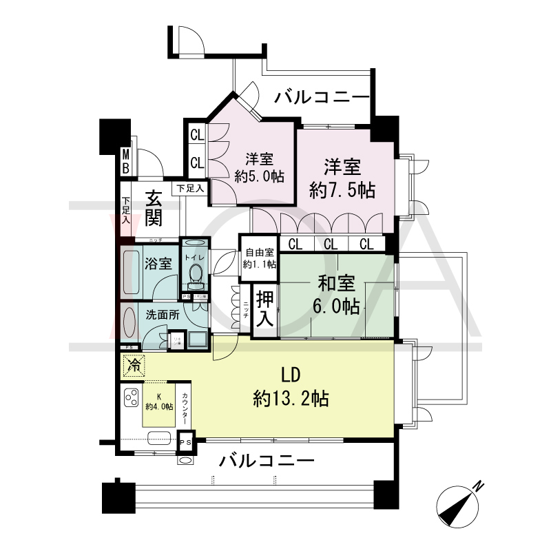 パークスクエア神戸山本通の間取り図 全3戸 南東角住戸
3LDK+F 専有面積85.78m2
バルコニー面積23.94m2
アルコーブ面積3.13m2